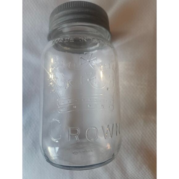 Antique CROWN 1 qt Imperial Quart Glass Mason Jar w/Zinc Ring & Glass Lid Canada - Picture 1 of 9